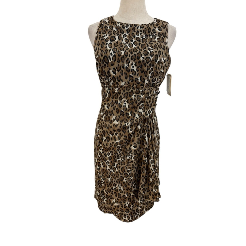 Vtg 90s NWT David Warren Leopard Print Sheath Dress‎ Sz 4 Ruched Drapes Party